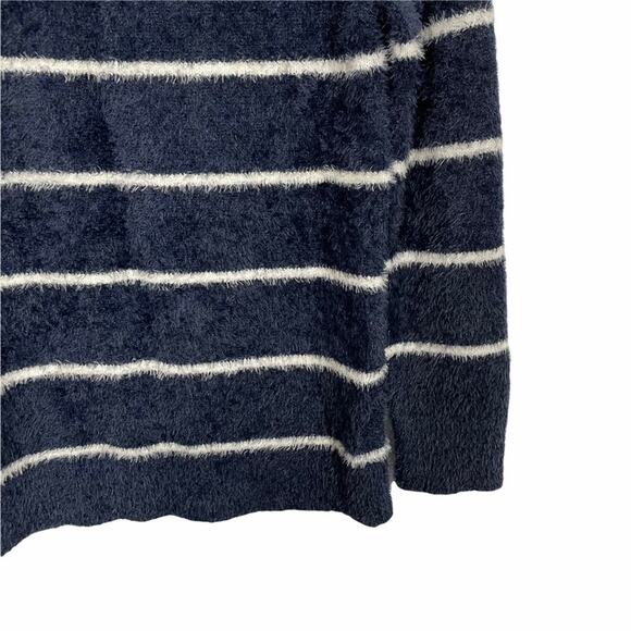 Cable Stitch Striped Fuzzy Crew Neck Sweater Size XS Navy - Picture 3 of 7